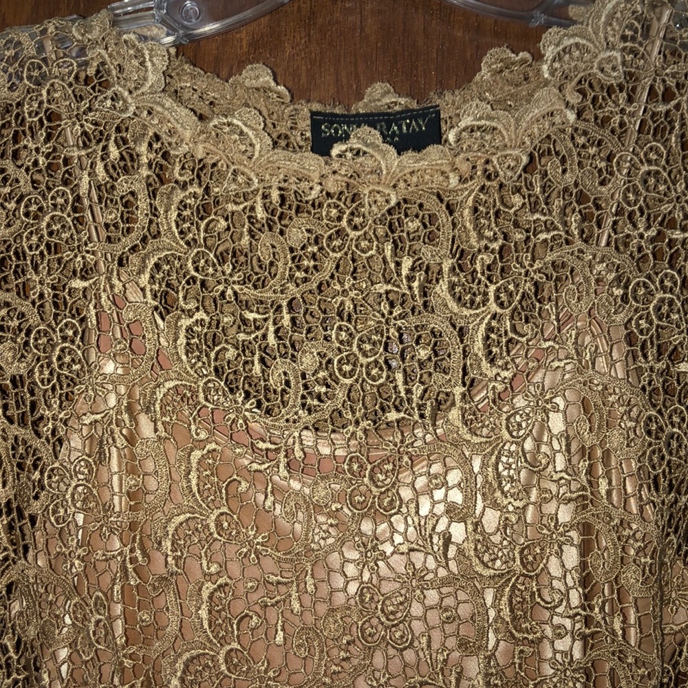 Sonya Ratay Women’s Gold Lace Short Sleeve Dress